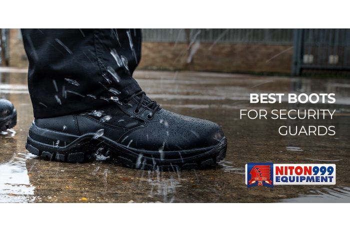 Black boots stepping into a puddle