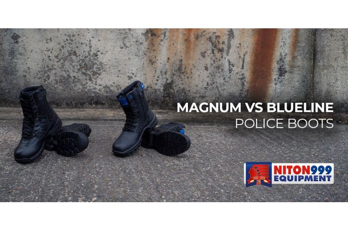 Black Magnum and blueline boots next to grey wall