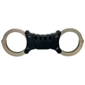 Front view of TCH 842 Rigid Handcuffs featuring ergonomic black plastic grip and nickel cuffs.