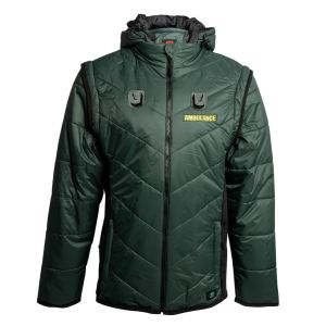 Ambulance Green Puffer Jacket with click-on docks, featuring removable sleeves, full zip, and hood for customisable protection.