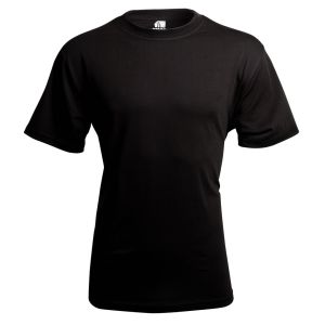 This image showcases the front view of the Black Heavyweight T-Shirt. The shirt features a clean and minimalist design with a solid black colour. It has a ribbed crew neck and short sleeves. The fabric appears thick and durable, indicating the heavyweight