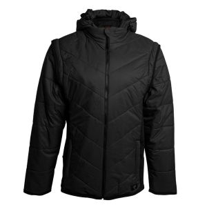 Front view of the Black Puffer Jacket with sleeves attached, showing the full design and hood.