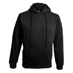 Front view of the Black Hoodie, featuring thick drawstrings, front ribbed pockets, and ribbed cuffs. The design ensures warmth and a secure fit for outdoor or tactical use.