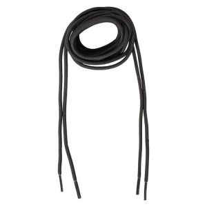 This image shows the Blueline Round Boot Laces for High Boots with 8-9 Eyelets, fully extended and laid flat. The laces are black, featuring a tightly woven design with a slight sheen, highlighting their high-quality, strong cored construction. The entire
