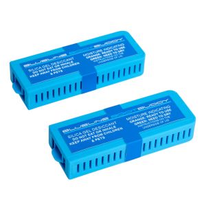 Two Blueline Boot Refresh pods displayed, showcasing moisture-absorbing silica gel desiccant in blue containers.