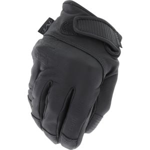 The Mechanix Wear Durahide™ Leather Needle & Cut Resistant Glove is shown from the top view. The glove is black with a durable leather finish. It features a secure hook and loop closure on the wrist for a snug fit. The branding and intricate stitching det