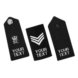 A display of three custom embroidered epaulettes for police uniforms, featuring a silver SC Crown on the left, sergeant chevrons in the centre, and a standard button on the right. Each epaulette has 'YOUR TEXT' placeholder for personalisation set against 