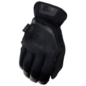 The image shows a single Mechanix Wear FastFit Covert Touchscreen Glove in black. The glove is viewed from the top, highlighting its stretch-elastic cuff and the breathable TrekDry® material that provides comfort and cooling. The back of the glove also fe