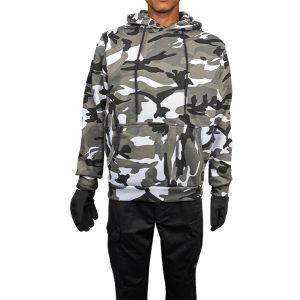 Close-up of Grey Camo Pullover Hoodie fabric pattern.