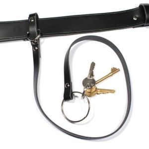 Leather Key Lanyard with D-Ring holding keys, attached to a black belt.