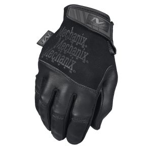 This image showcases the back view of the Mechanix Recon Black Leather Gloves. The gloves feature a sleek black design with the Mechanix logo prominently displayed across the knuckles. The Thermoplastic Rubber (TPR) closure is visible, ensuring a secure f