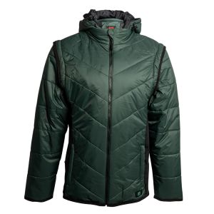Front view of the Green Puffer Jacket with sleeves attached, displaying the full design and hood.