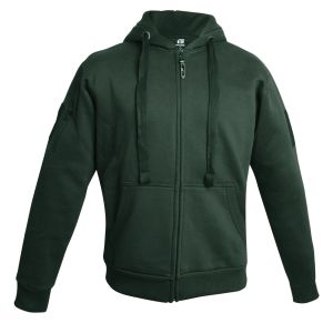 This image showcases the front view of a "Green Zip Up Hoodie With Arm Patch Panels". The hoodie features a full-length YKK zipper in the center, large front pockets, and thick drawstring neck ropes. 