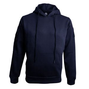 Front view of the Navy Hoodie displaying the drawstring hood, front pocket, and ribbed cuffs for a snug fit.