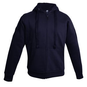 The front view of the Niton Tactical Navy Zip-Up Hoodie highlights its sleek design. The rich navy colour contrasts with the Navy YKK zipper, and the two front ribbed pockets are prominently featured.