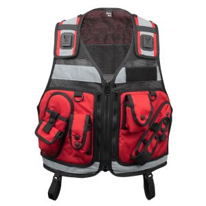 Front view of the Patrol Utility Vest in red, showing multiple pouches, zips, and attachments.