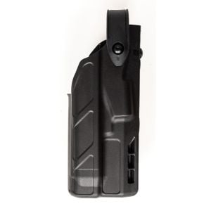 This photo showcases the Safariland 7TS Holster Belt Mounted designed specifically for the Glock 17 Gen 1-4 with TLR1 Light. The holster, presented in a profile view against a white background, emphasizes its sleek, black structure made from non-abrasive 