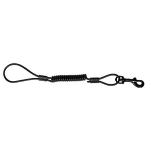 Short Coiled Tactical Kevlar Lanyard with Dog Clip, showing a compact coiled cable with looped ends and metal clip