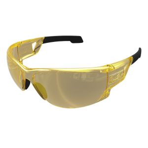 The image shows a pair of Mechanix Wear Tactical Type-N Safety Glasses in Amber. The glasses have an amber-tinted lens and a lightweight, wraparound frameless polycarbonate structure. The frame features black ear padding and a soft-molded TPR nose bridge 