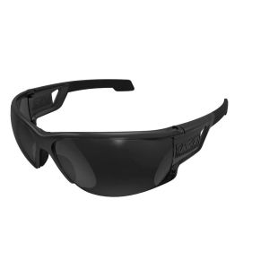 This image shows the Mechanix Wear Tactical Type-N Safety Glasses in smoke. The glasses feature a sleek, black design with a wraparound polycarbonate frame and dark smoke lenses. The rimless lens design provides a wide field of vision, and the soft-molded