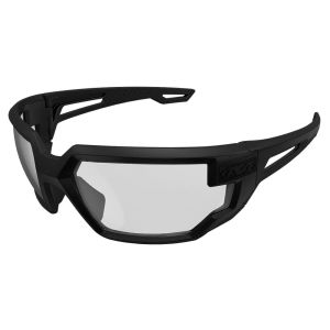 The image shows the Tactical Type-X Safety Glasses with Clear Lens from a frontal angle. These glasses feature a robust, full-frame design with dual clear lenses. The black frame is sleek and durable, providing a secure fit. The clear lenses offer ballist