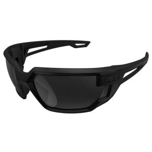 The image shows the Tactical Type-X Safety Glasses with Smoke Lens from a frontal angle. These glasses feature a robust, full-frame design with dual dark smoke lenses. The black frame is sleek and durable, providing a secure fit. The smoke lenses block pr