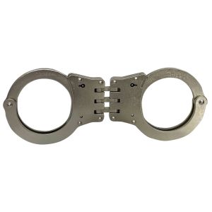TCH 810 Standard Hinge Handcuffs fully open, showcasing the triple-hinged design and nickel-plated finish.