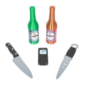 Selection of professional training props including beer bottles, knife, phone, and dagger for safe role-play training.