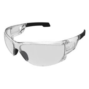 The image shows Mechanix Type-N Safety Glasses with Clear Lens from a side angle. The glasses feature a sleek, wraparound design with a frameless structure, providing a wide field of vision. The polycarbonate frame is lightweight and impact-resistant. The