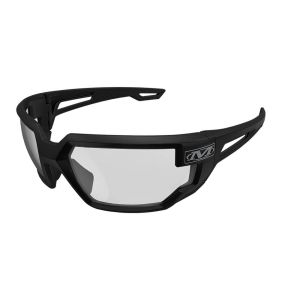 This image shows the Mechanix Wear Type-X Safety Glasses with a clear lens and black frame. The glasses have a robust, wrap-around design providing full coverage and protection. The clear lenses are enclosed in a sturdy black frame with distinctive cutout