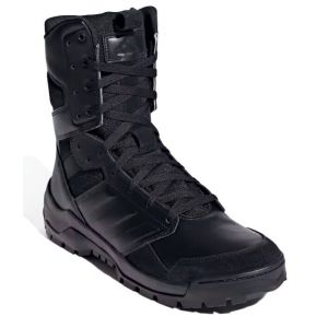 Three-quarter view of the Adidas GSG-9.2024 Tactical Boots displaying the lace-up front, durable sole with traction pattern, and signature Adidas design elements in a sleek black finish.