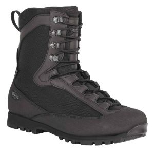 Side view of AKU Pilgrim High Leg GTX Combat Boots in Black, highlighting the sturdy lacing system, the ankle-high design for support, and the recognizable AKU branding on the side. The boots are constructed with a waterproof finish and designed for rugge