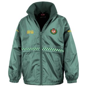 Children's Ambulance Waterproof Jacket' in forest green with 'AMBULANCE EMT 999' on the left chest. The jacket features a chequered green and white band around the midsection, a sturdy zipper, and yellow 'AMBULANCE' text along the right arm, with a high-v