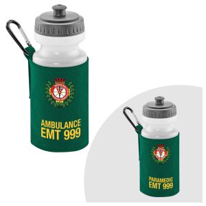 The 'Children's Ambulance Water Bottle', showcased in a green holder with a bold Ambulance Trust badge and EMT 999 print, offers a realistic touch for aspiring young medics.