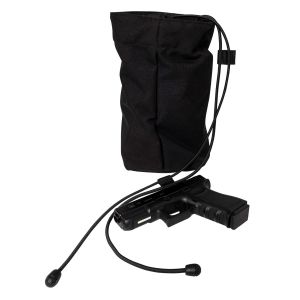 The Aegis Ballistic Unloading Bag pictured in black with a handgun placed in front, featuring a durable Cordura construction, drawstring closure, and a secure containment design for safe firearm unloading.