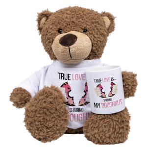 Brown Teddy Bear & Personalised Mug Combination. We have combined our high-quality bear with an 11oz ceramic mug, to make the perfect gift set. With the addition of your personalised message on both Ted’s T-Shirt and ceramic mug,  it will be a truly uniqu