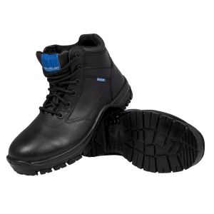 A single Blueline 5in All Leather Black Patrol Boot is prominently displayed, with its counterpart inverted to show off the robust tread pattern on the sole. The boots' gleaming black buffalo leather uppers reflect meticulous construction, with precise st