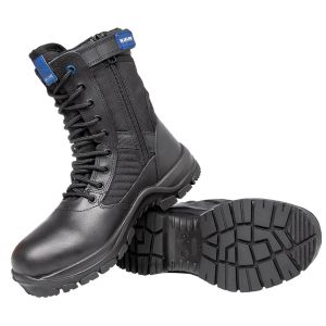 Image of Blueline 8" Patrol Police Side Zip Boots in black, showcasing the side profile with visible YKK zipper. The boots feature a high-ankle design with robust lacing, a padded collar, and a rugged sole for grip. The boots sit on a surface, indicating 