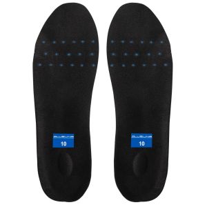 This image shows the top view of Blueline Comfort Insoles for Boots. The insoles are presented side by side, with the top surface in black. They feature a label in the heel area with the Blueline logo and size "10" in a blue rectangle. The surface include