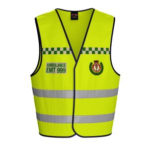 Front view of Niton Tactical Unisex High Vis Ambulance Waistcoat Vest with EMT 999 logo and emblem