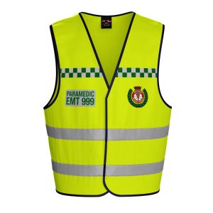 Front view of Niton Tactical high Vis Paramedic children's Waistcoat Vest with EMT 999 print and emblem.