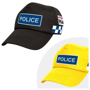 A 'Children's Police Hat' displayed against a white background, showcasing the black and yellow colour options. The cap features a bold "POLICE" badge on the front and blue and white chequered stripes on the side, resembling UK police headgear, designed f