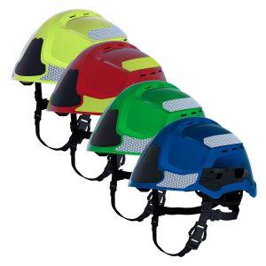 Assortment of MSA GALLET F2XR helmets in yellow, red, green, and blue hues, viewed from a side angle