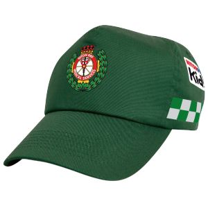 Children's Ambulance Hat' in vibrant forest green featuring our own design of Ambulance Trust logo front and centre. The badge is encircled by laurel leaves, with a green and grey chequered stripe and the Niton999 Kids logo on the side, perfect for any as
