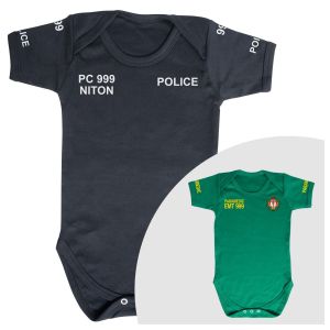 Children's Short-sleeved baby vests. Choose between AMBULANCE, PARAMEDIC, POLICE or SECURITY options, customised for a unique gift for someone special.