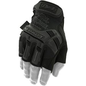 This image shows the M-Pact Fingerless Gloves from the back view, highlighting the distinct Mechanix Wear branding. The gloves feature robust Thermoplastic Rubber (TPR) impact protection on the backhand and knuckles, meeting the EN 13594 impact standard. 