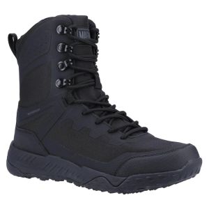 Side view of Magnum Ultima 8.0 Waterproof Side Zip Boots showcasing its sleek black design, sturdy lace-up front with robust eyelets, and side zip feature for ease of use. The boot’s high-top style provides ample ankle support, and the waterproof label co
