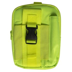 The front view of the multifunction EDC pouch showcases a robust quick-release buckle, ensuring secure closure. Alongside is a slim side pocket, possibly for pens or small tools, all in a bright yellow for enhanced visibility.