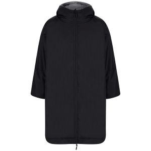 The Niton Tactical All Weather Dry Robe Coat in black is displayed, showcasing a front view. It features a water-resistant outer layer, a full-length zipper, and warm Sherpa fleece lining visible in the hood. The roomy design suggests ample space for laye