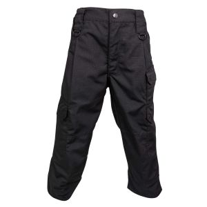 Front view of Niton Tactical Kids Trousers in Black, showing button and zipper closure, side pockets, and reinforced knee stitching